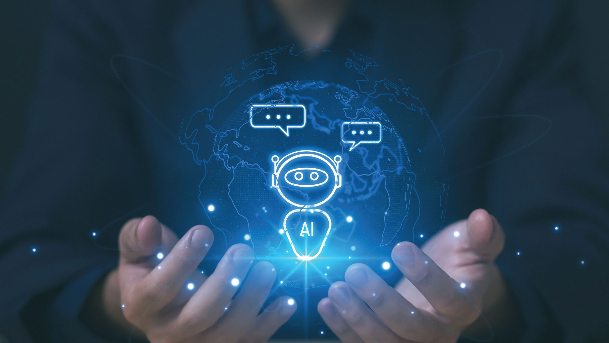 Dünya illüstürasyonunun ortasında konumlanmış yapay zeka chatbot ile sohbet resmedilmiştir.